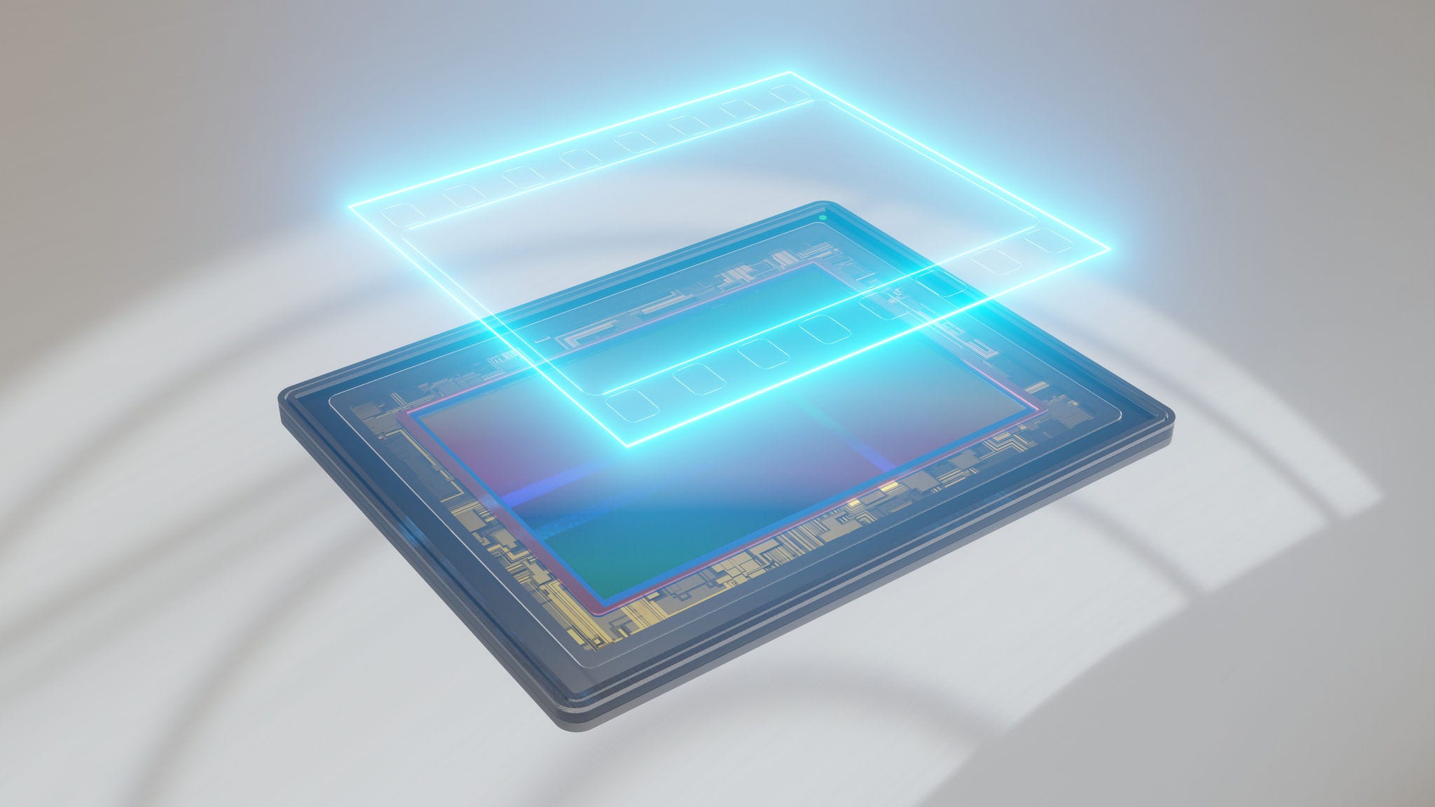 Full-frame back-illuminated sensor for digital camera and analogue film concept, 3D rendering