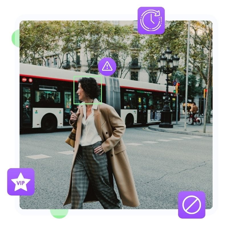 a woman walking in the street with a bus behind her